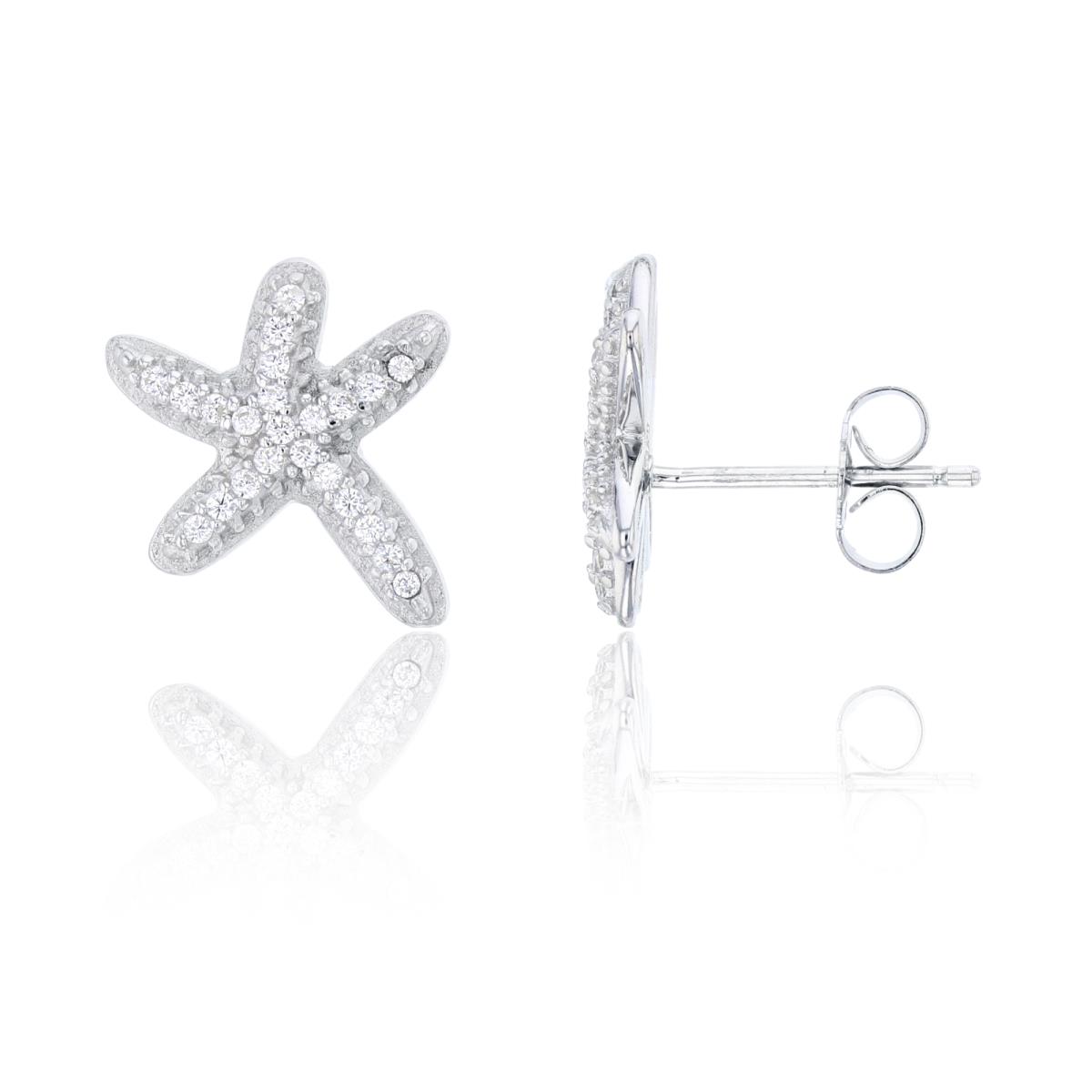 Sterling Silver Rhodium White CZ 13mm Micropave Starfish Earrings