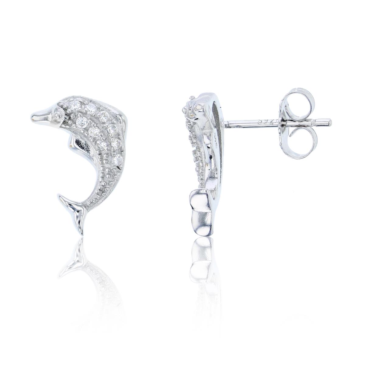 Sterling Silver 14x9mm Micropave Dolphin Stud Earring