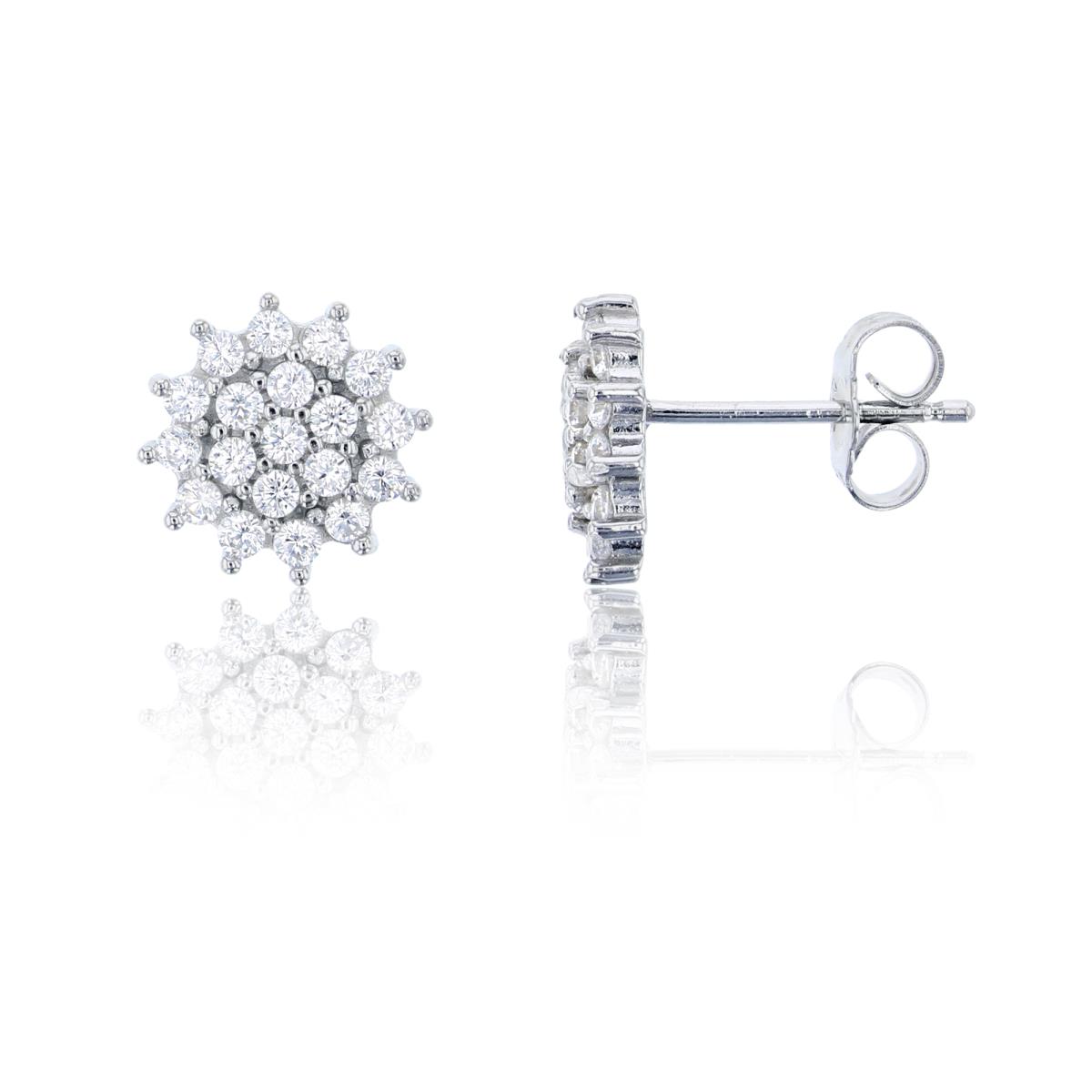 Sterling Silver Rhodium 10mm Pave Cluser Stud Earring