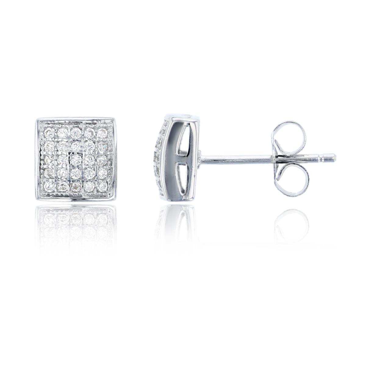 Sterling Silver 8mm  Micropave Domed Square Stud Earring