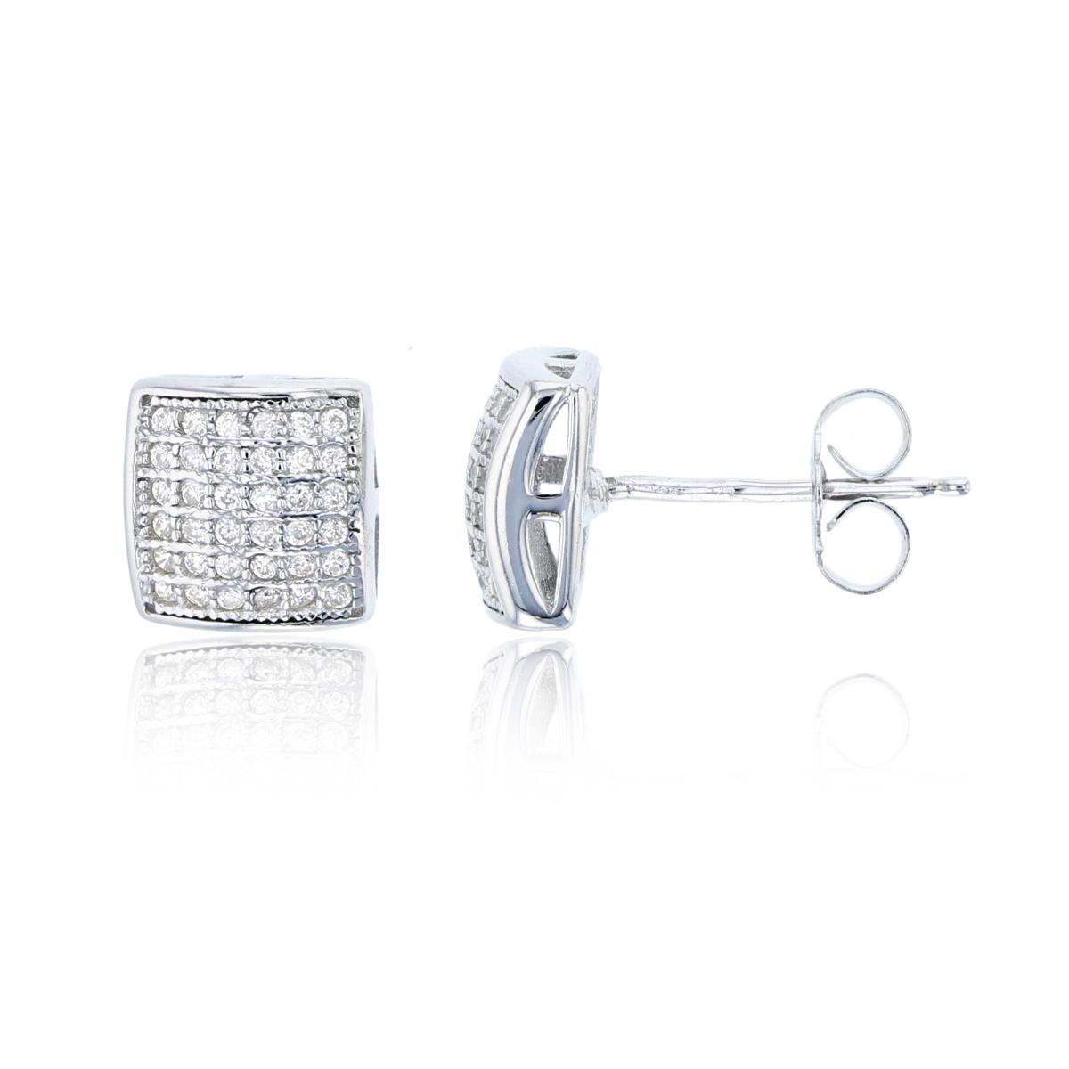 Sterling Silver 9x9mm Micropave Domed Square Stud Earring