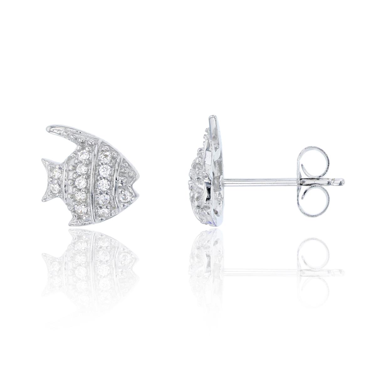 Sterling Silver 12x9.5mm Micropave Fish Stud Earring