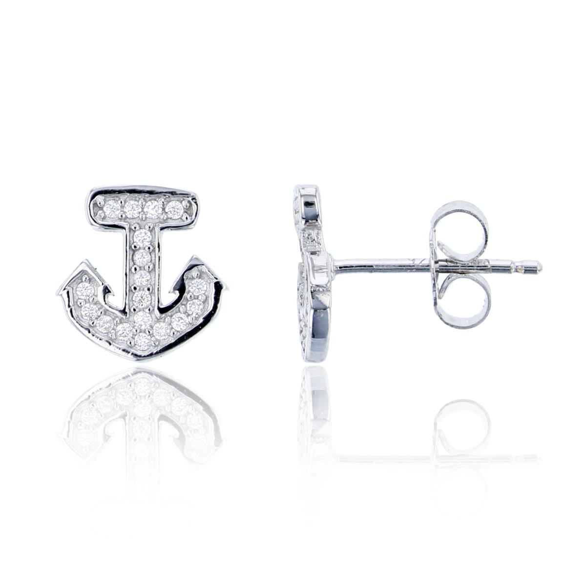Sterling Silver 10mm Micropave Anchor Stud Earring