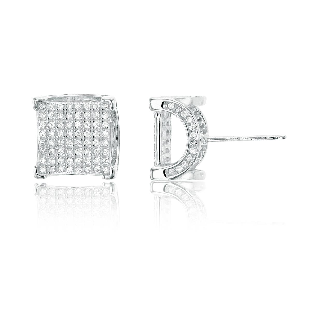 Sterling Silver Rhodium 8x8mm Square 3D Micropave Stud Earring