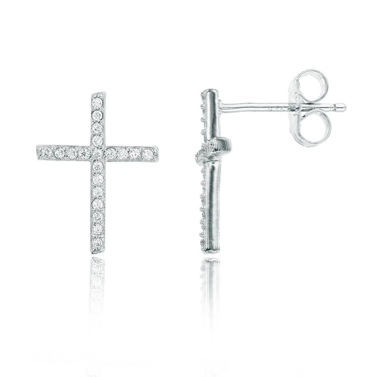 Sterling Silver 11.25x15mm Micorpave Cross Stud Earring