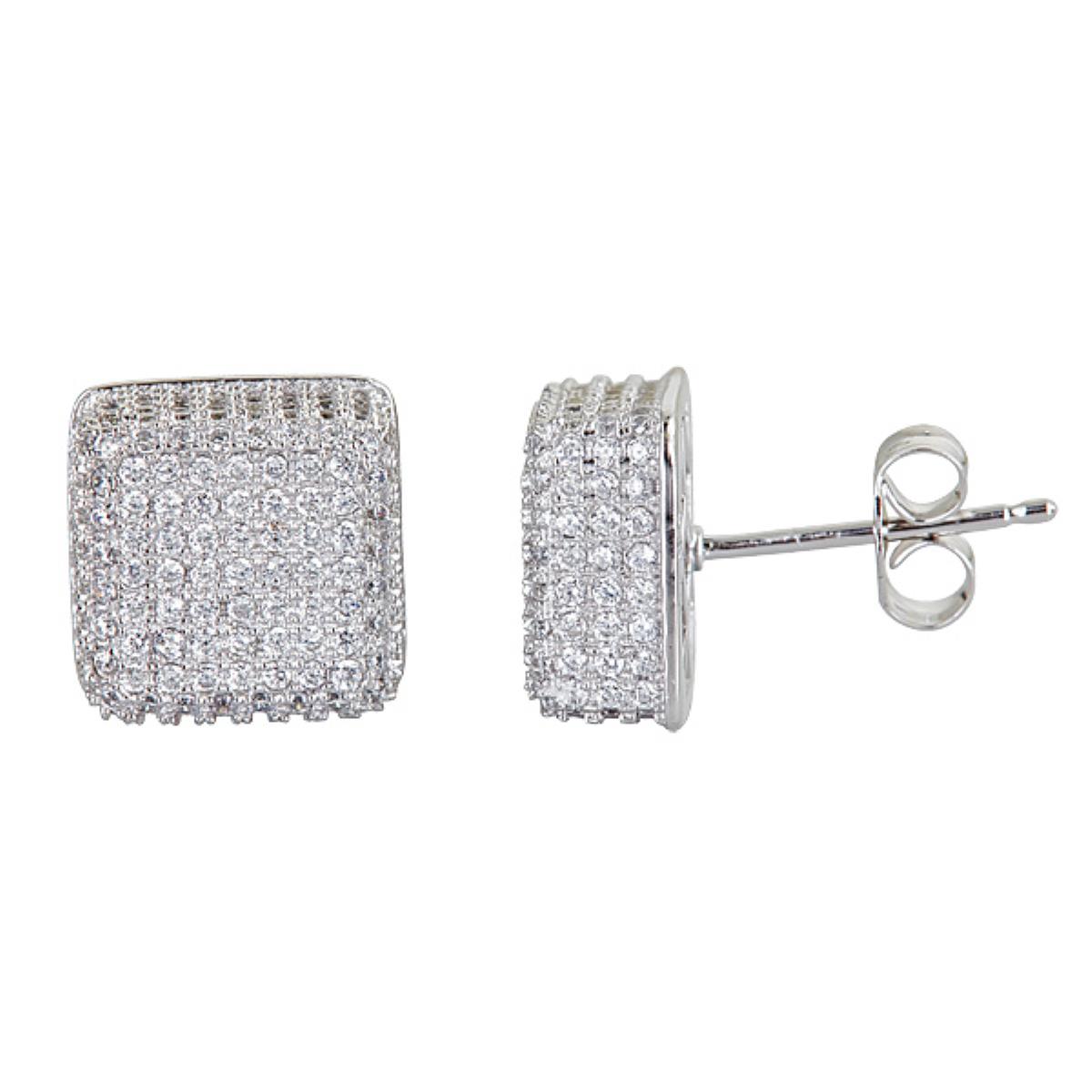 Sterling Silver Micropave 3D Square Stud Earring