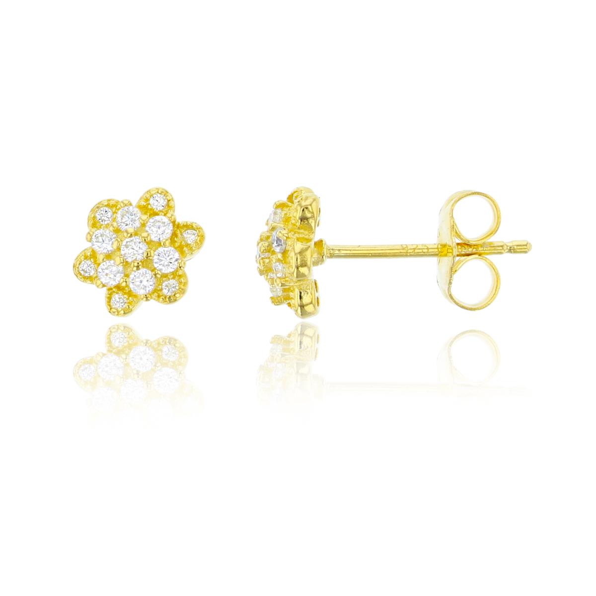 Sterling Silver Yellow 8mm Pave Flower Stud Earring