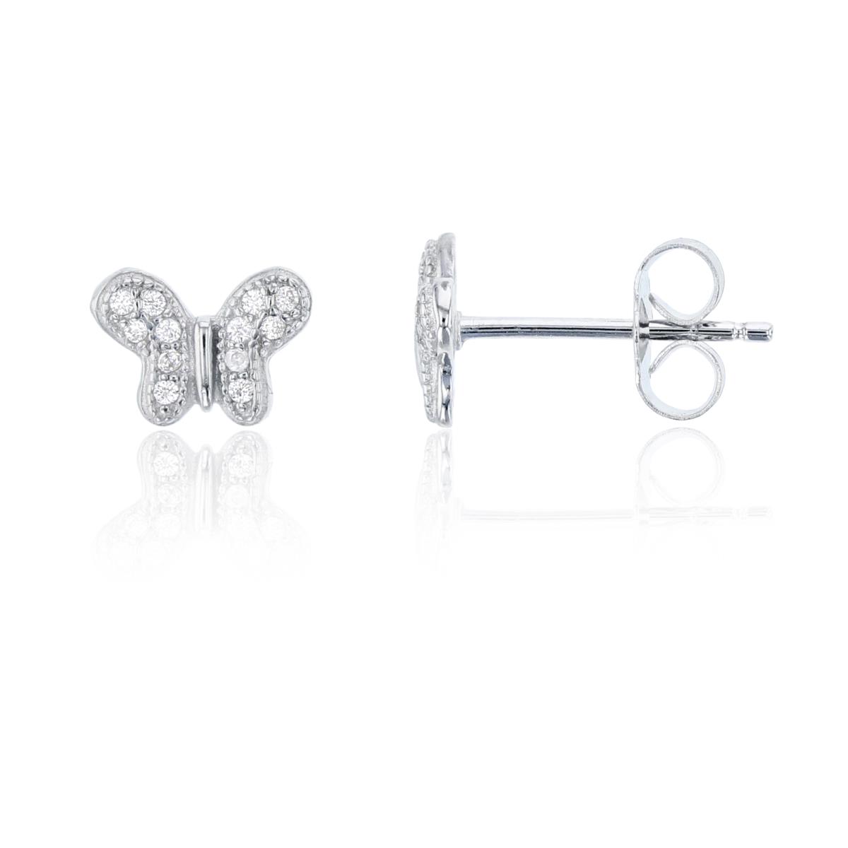 Sterling Silver Rhodium 9x6.5mm Micropave Butterfly Stud Earring