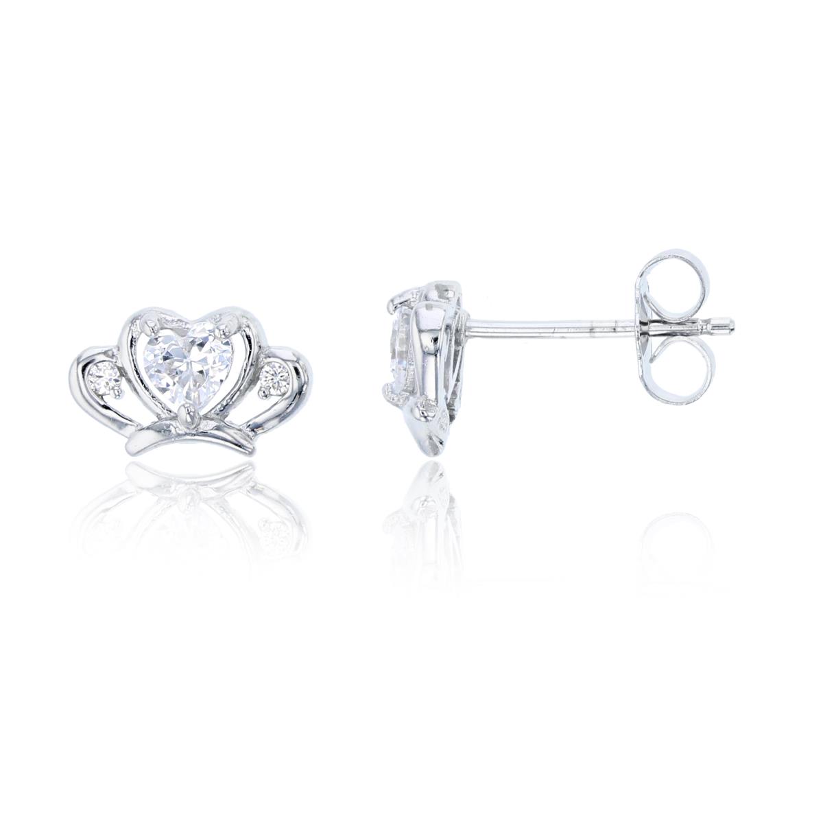 Sterling Silver 10.5x6.5mm Micropave Princess Crown Stud Earring