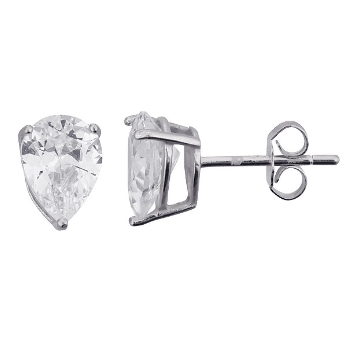 Sterling Silver Rhodium 6x8mm AAA Pear Solitaire Stud