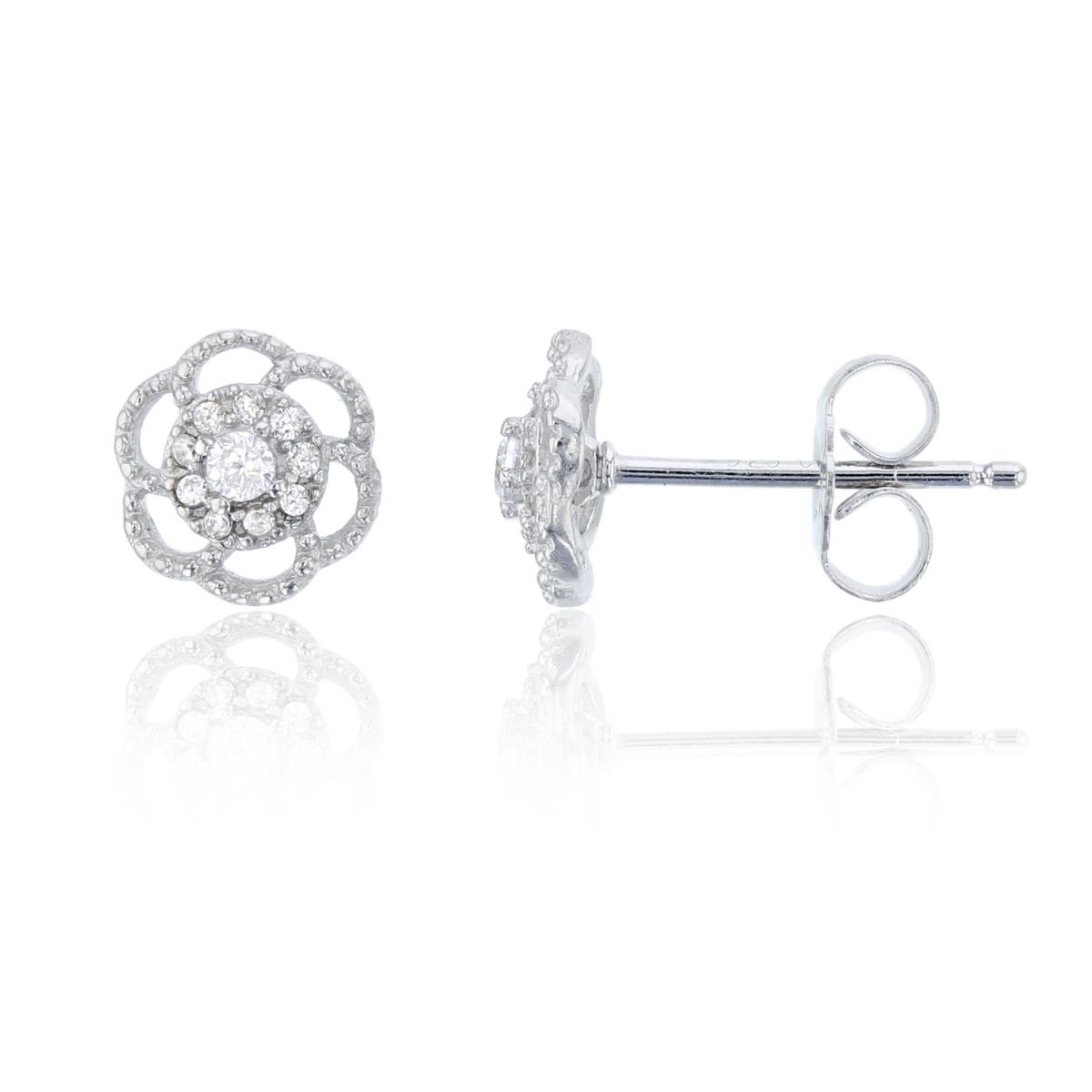 Sterling Silver 8mm Pave Flower Stud Earring