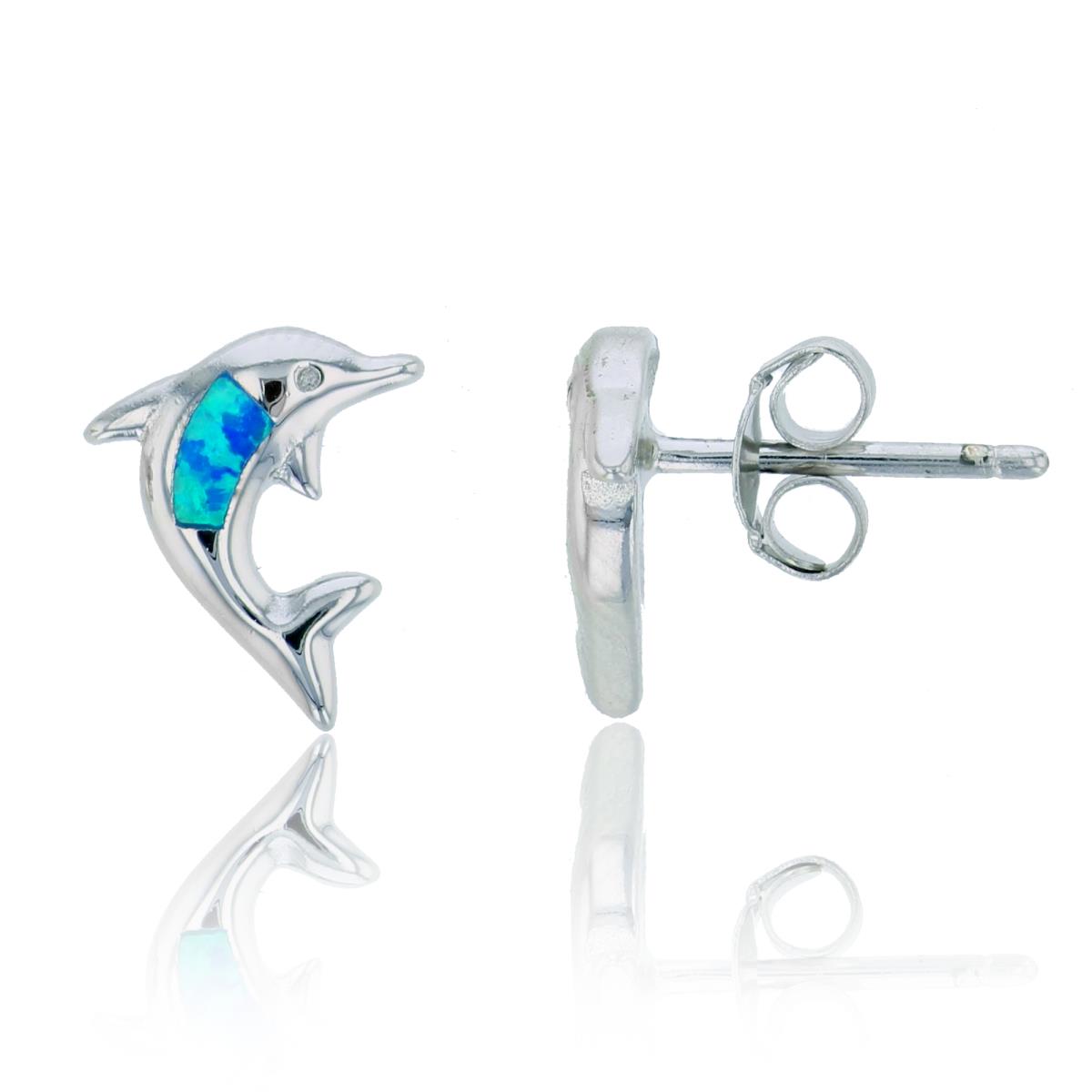 Sterling Silver Rhodium 10mm Created Opal Dolphin Stud