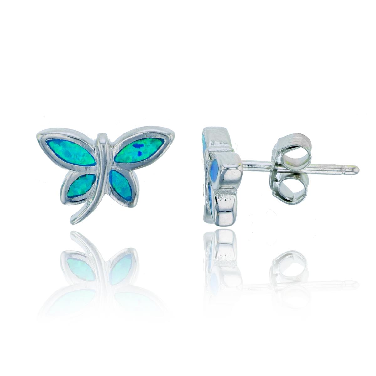 Sterling Silver Rhodium 11.5mm Created Opal Butterfly Stud