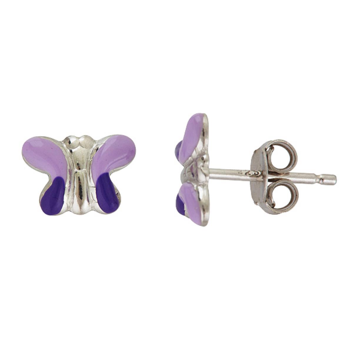 Sterling Silver Rhodium 9.5x6.5mm Petite Purple Enamel Butterfly Stud Earring