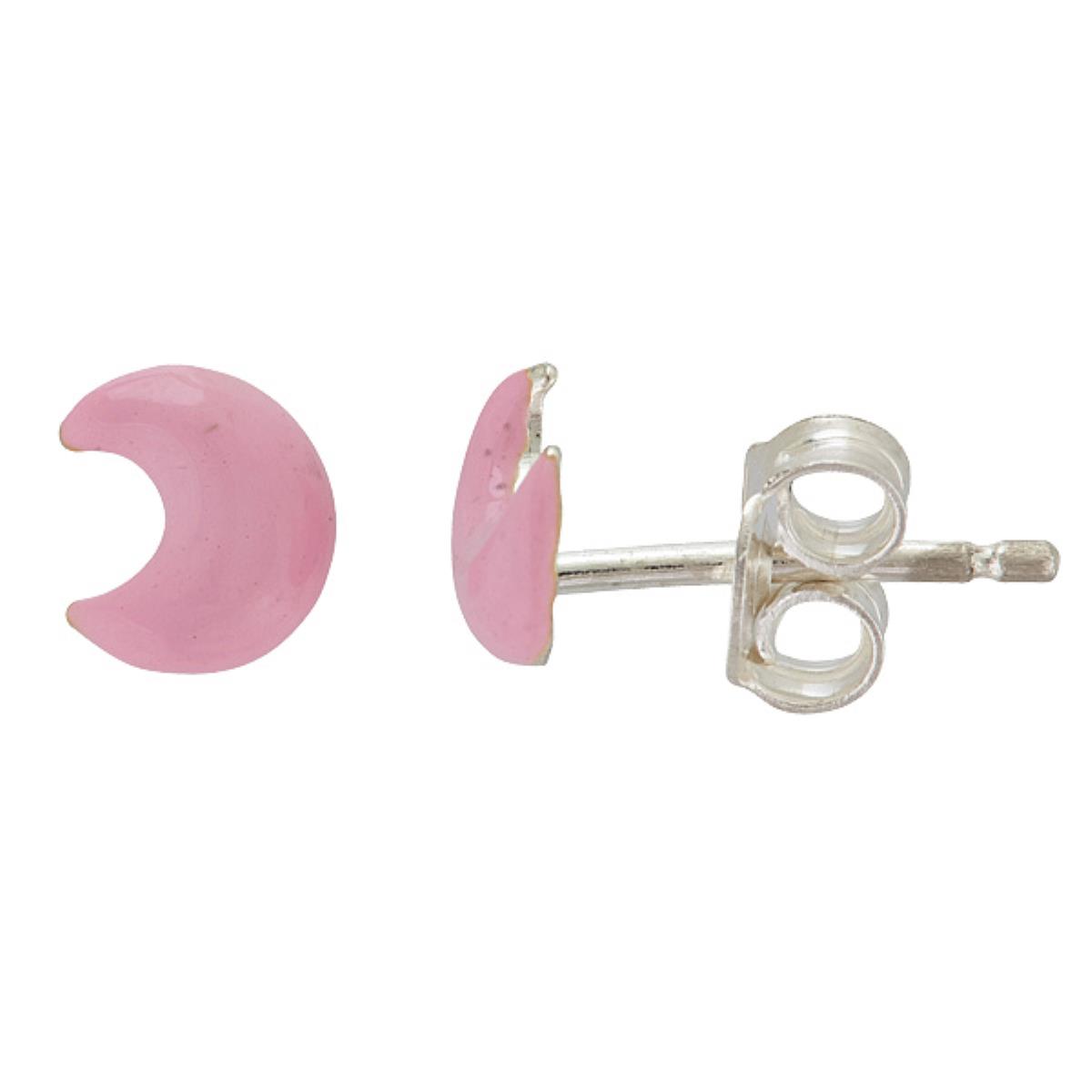 Sterling Silver Rhodium 6.5x7.5mm Petite Pink Enamel Moon Stud Earring
