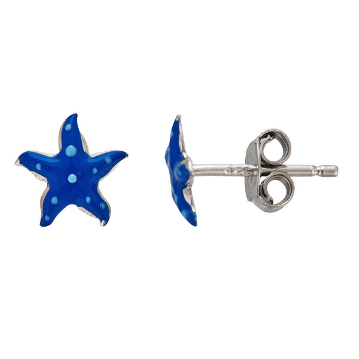 Sterling Silver Rhodium 7.5mm Petite Blue Enamel Star Fish Stud Earring 