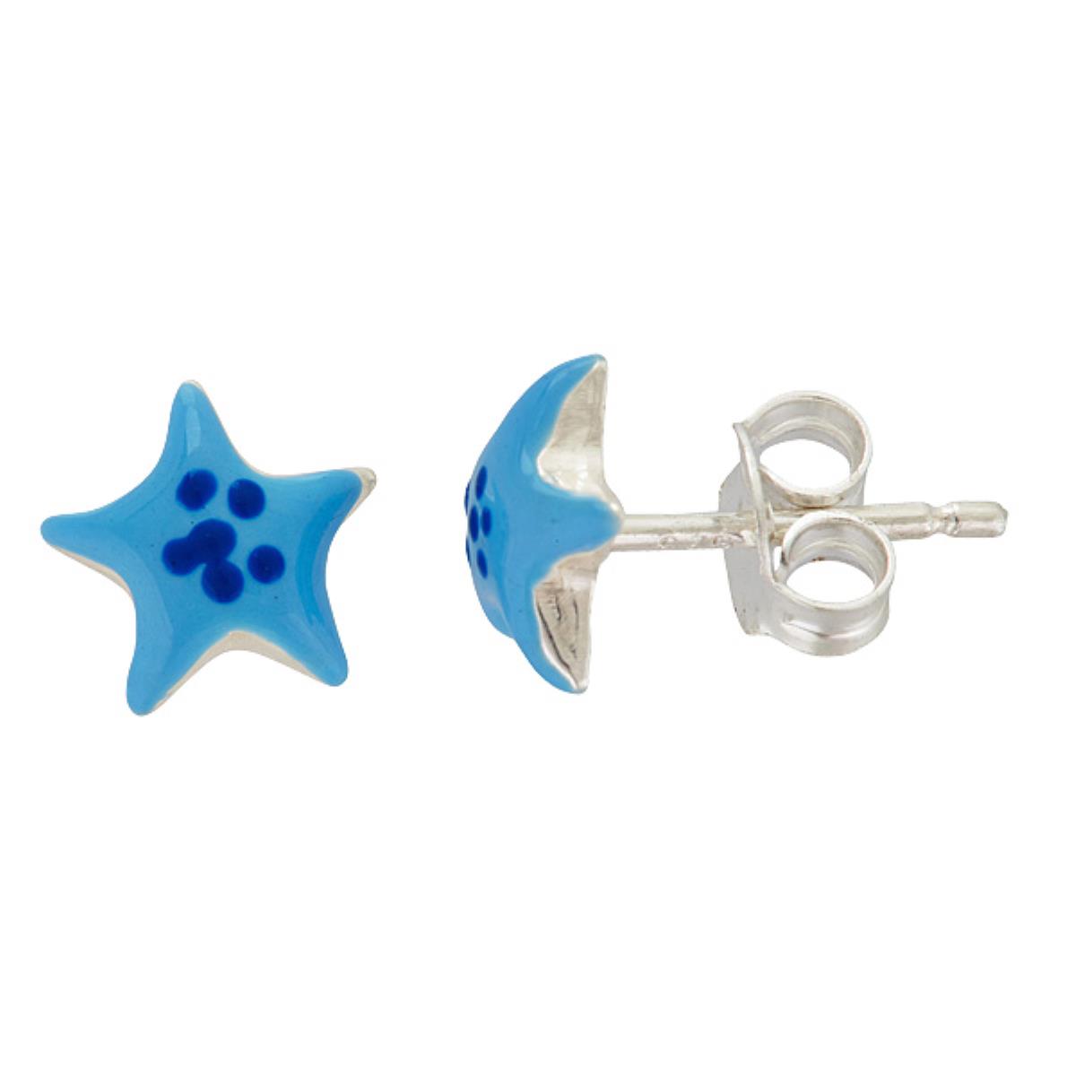 Sterling Silver Rhodium 7.5mm Petite Blue Enamel Star Stud Earring