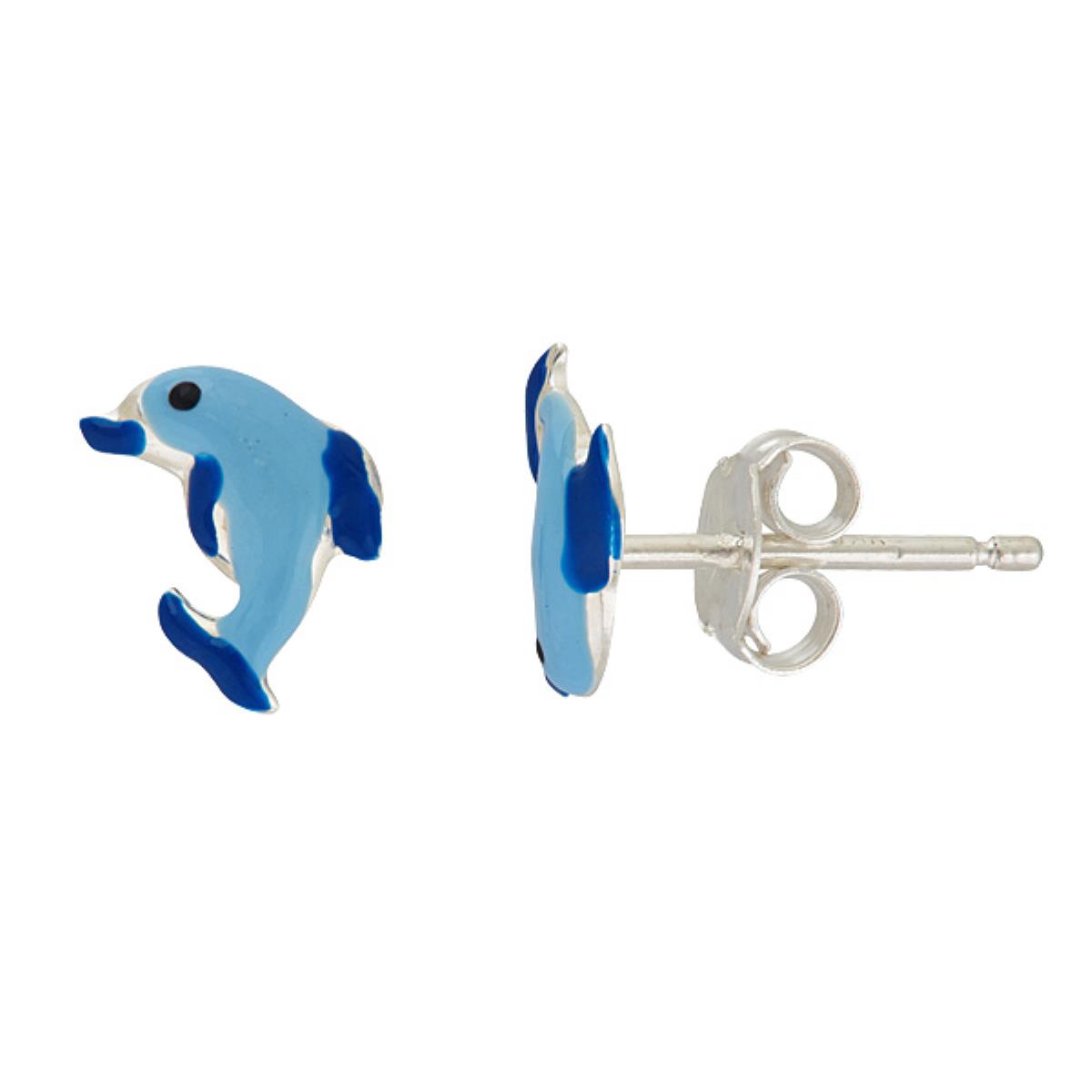 Sterling Silver Rhodium 8.75x6.25mm Petite Blue Enamel Dolphin Stud Earring