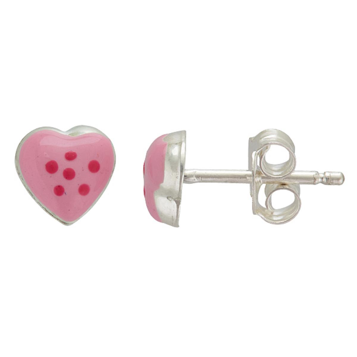 Sterling Silver Rhodium 6mm Petite Pink Enamel Heart Stud Earring