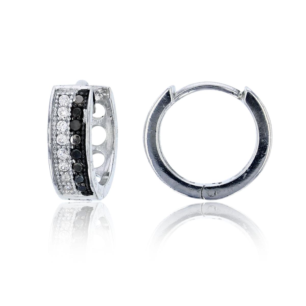 Sterling Silver Black & White 2 Row Micropave 3x4.5mm Huggies Earring
