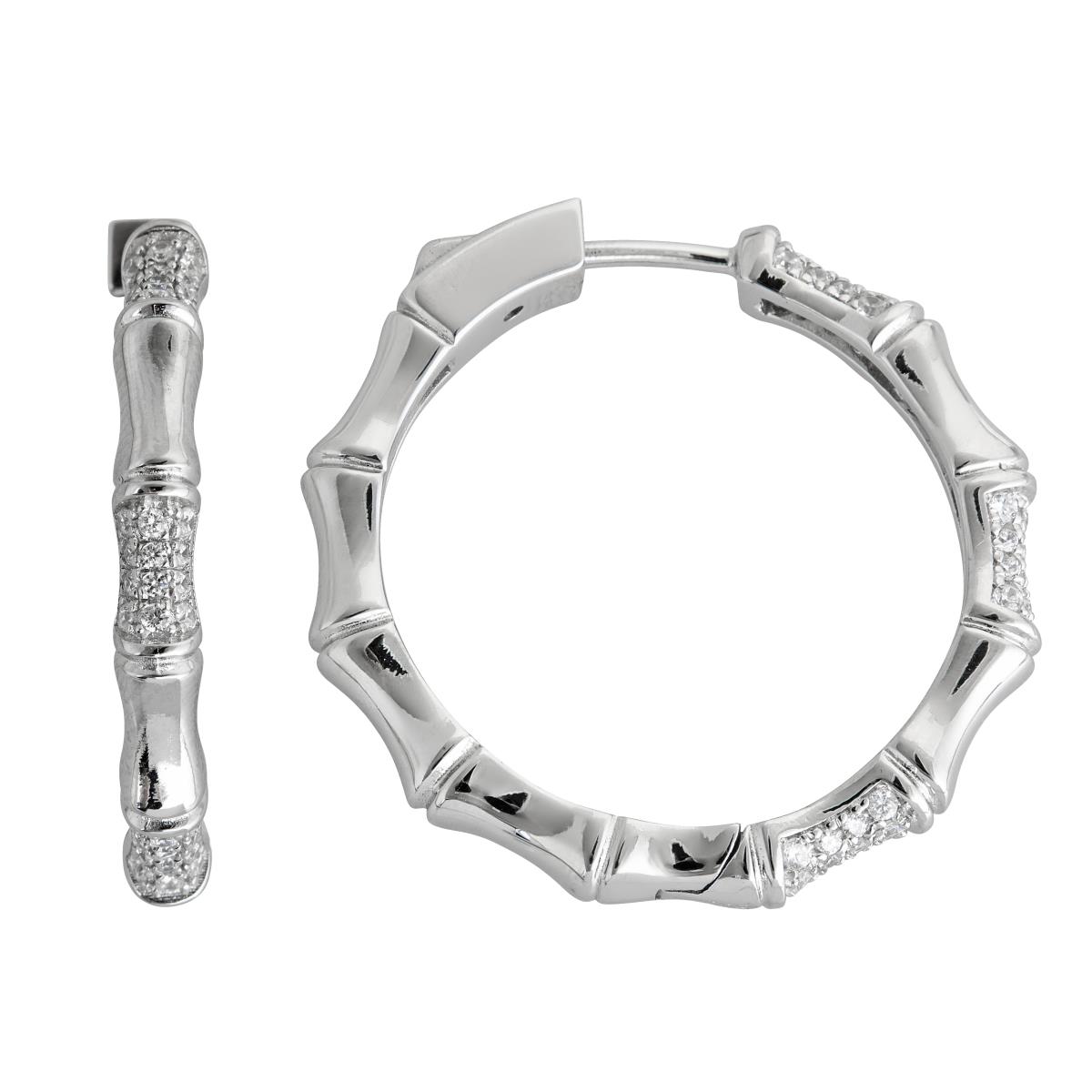 Sterling Silver Pave Bamboo Safety Lock Hoop