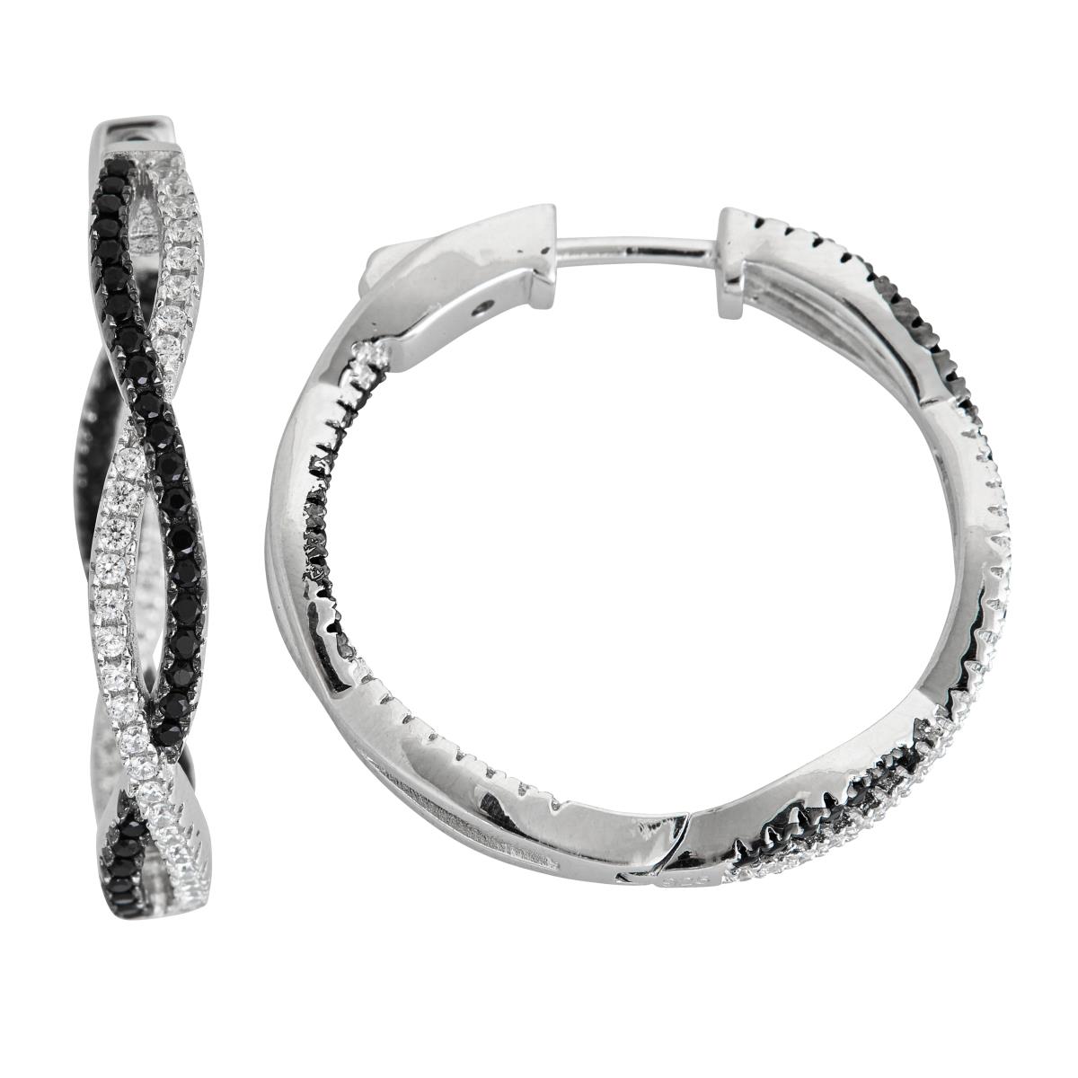 Sterling Silver Black & White Pave Criss Cross Hoop with Safety Lock