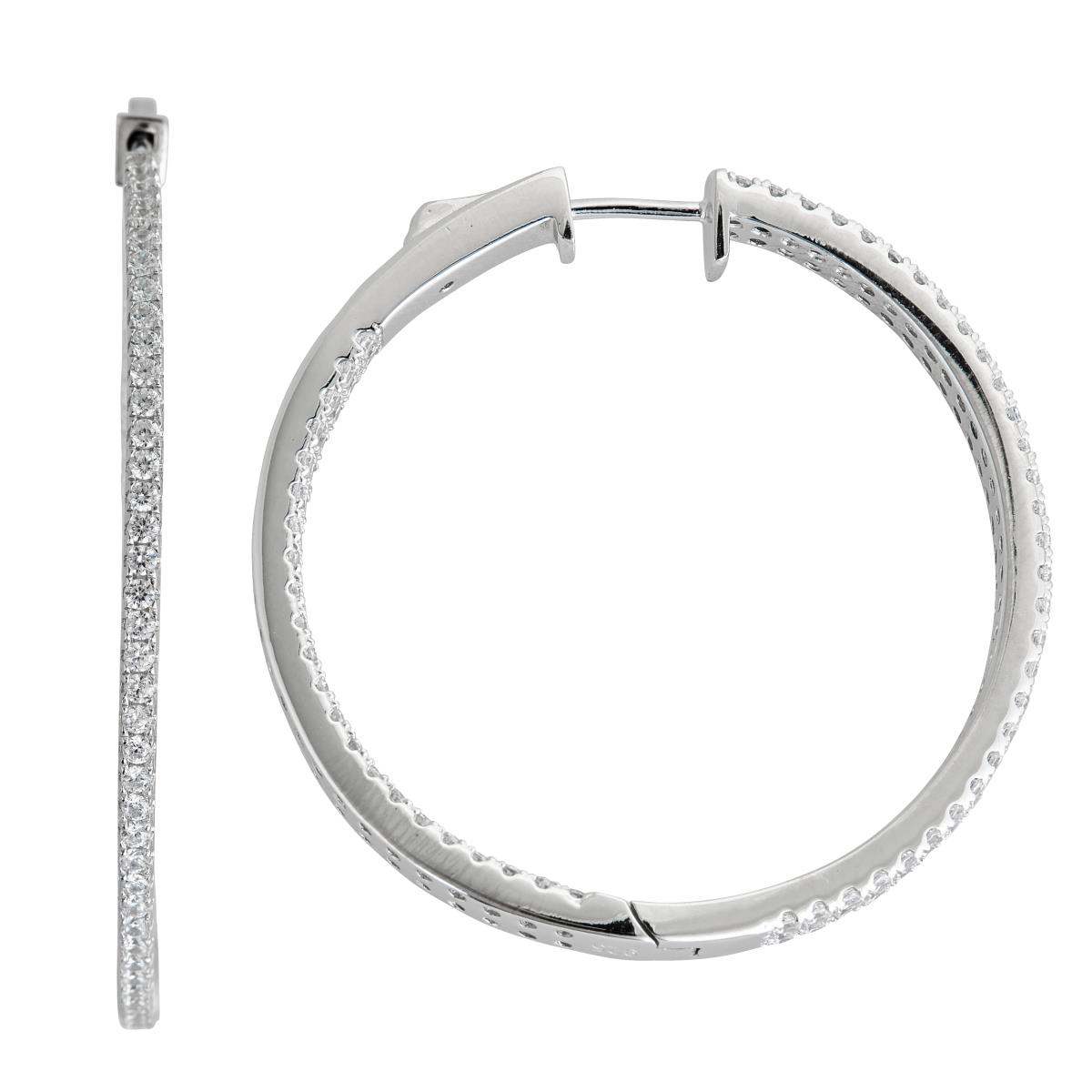 Sterling Silver Rhodium 2X50mm Pave Inside Outside Hoop with Safety Lock