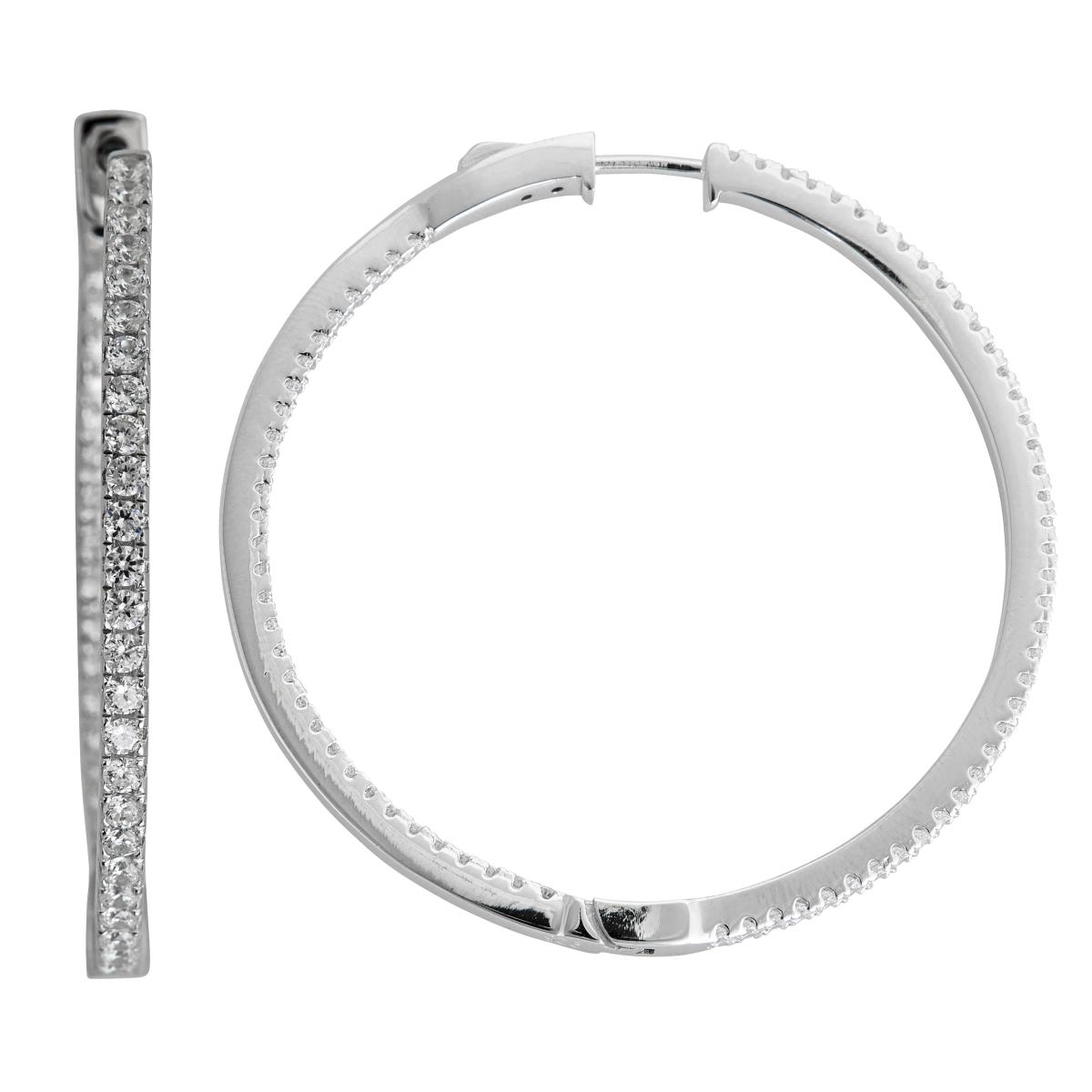 Sterling Silver 35x2mm Pave Inside Outside Hoop with Safety Lock