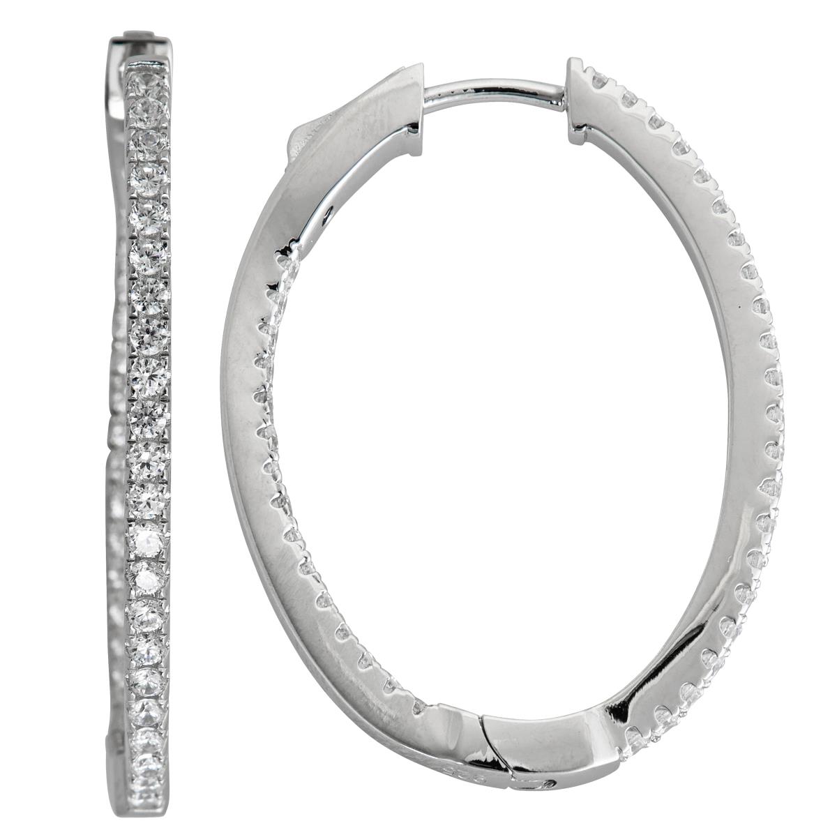 Sterling Silver 25x2mm Oval Pave Inside Outside Hoop with Safety Lock