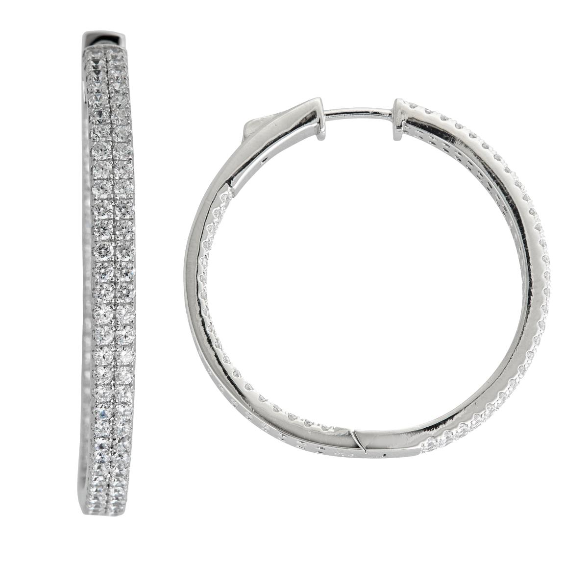 Sterling Silver mm 2 Row Pave Inside Outside Hoop with Safety Lock