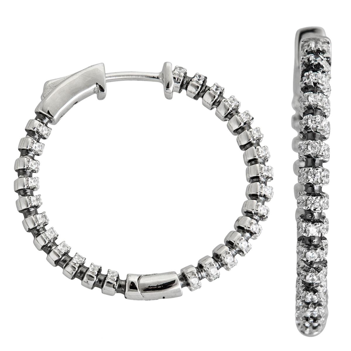 Sterling Silver 30mm Pave Rippled Inside Out Hoop with Safety Lock