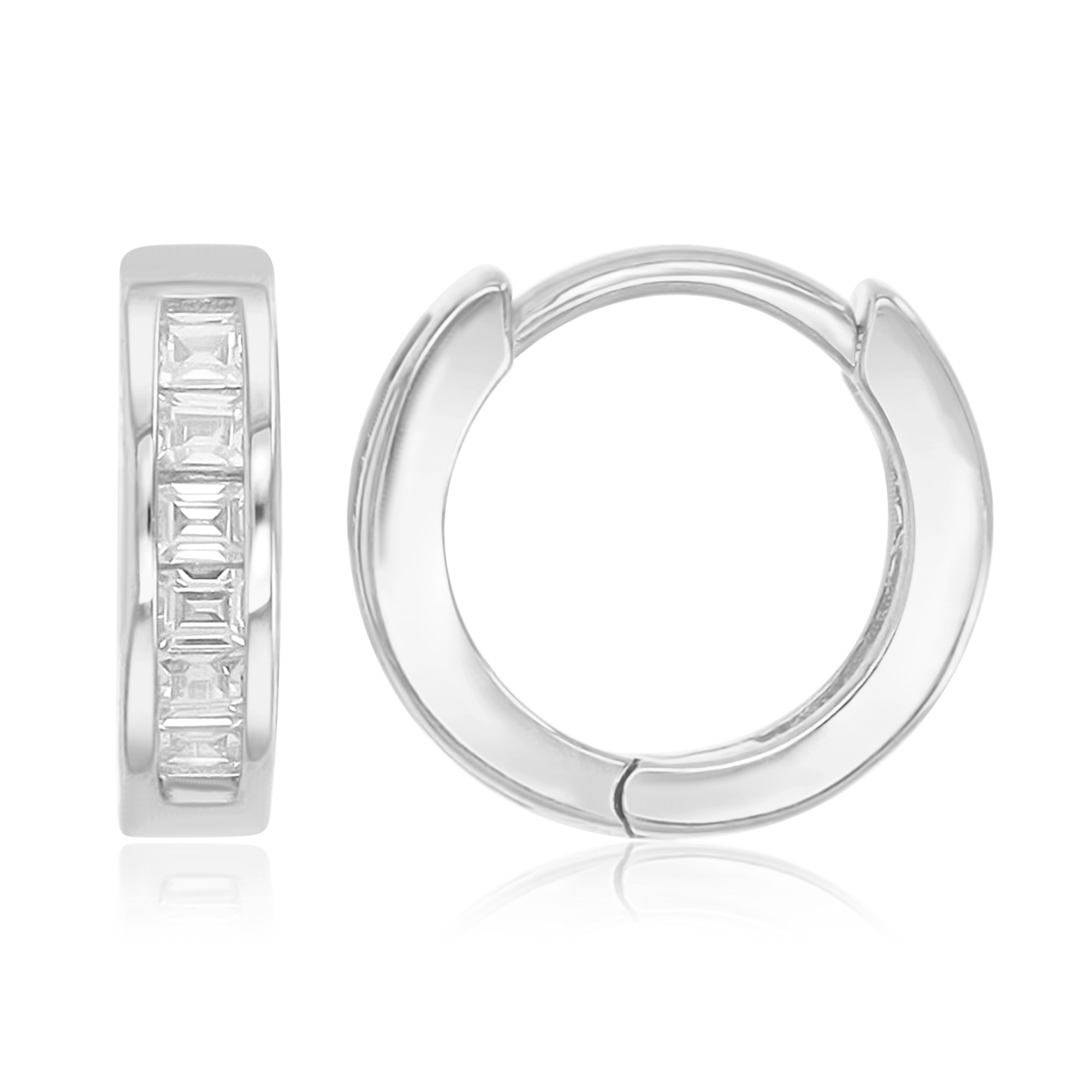 Sterling Silver Rhodium 12x2.5mm Channel Set Bagguete Huggies