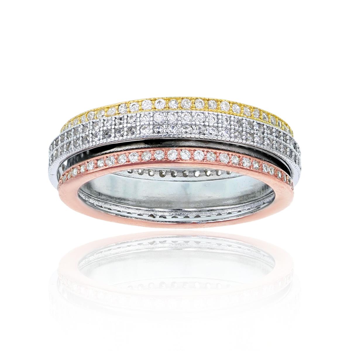 Sterling Silver  6.5mm Tricolor Micropave Spinner Ring