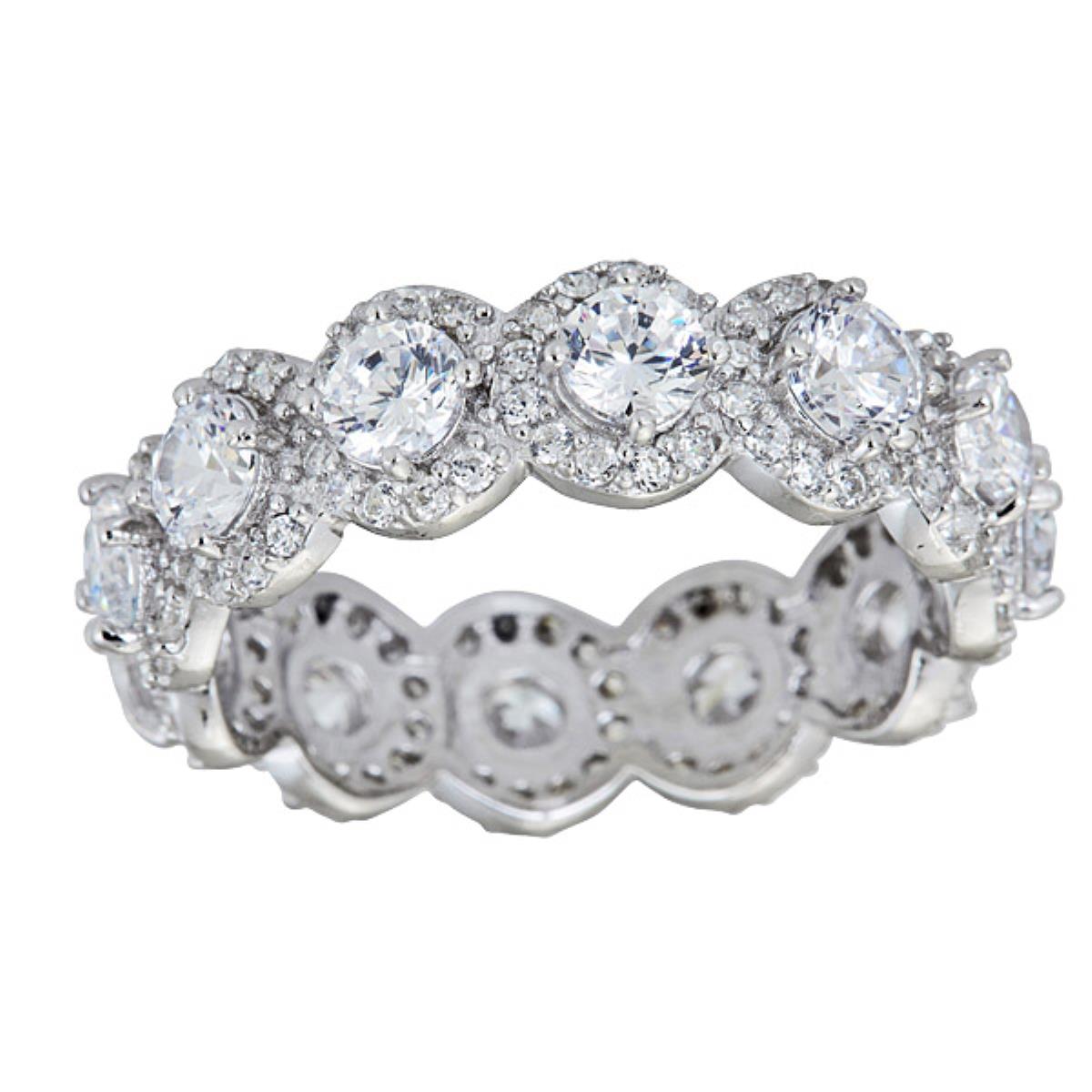 Sterling Silver  Rhodium 6.7mm  Round Halo Pave Eternity Ring