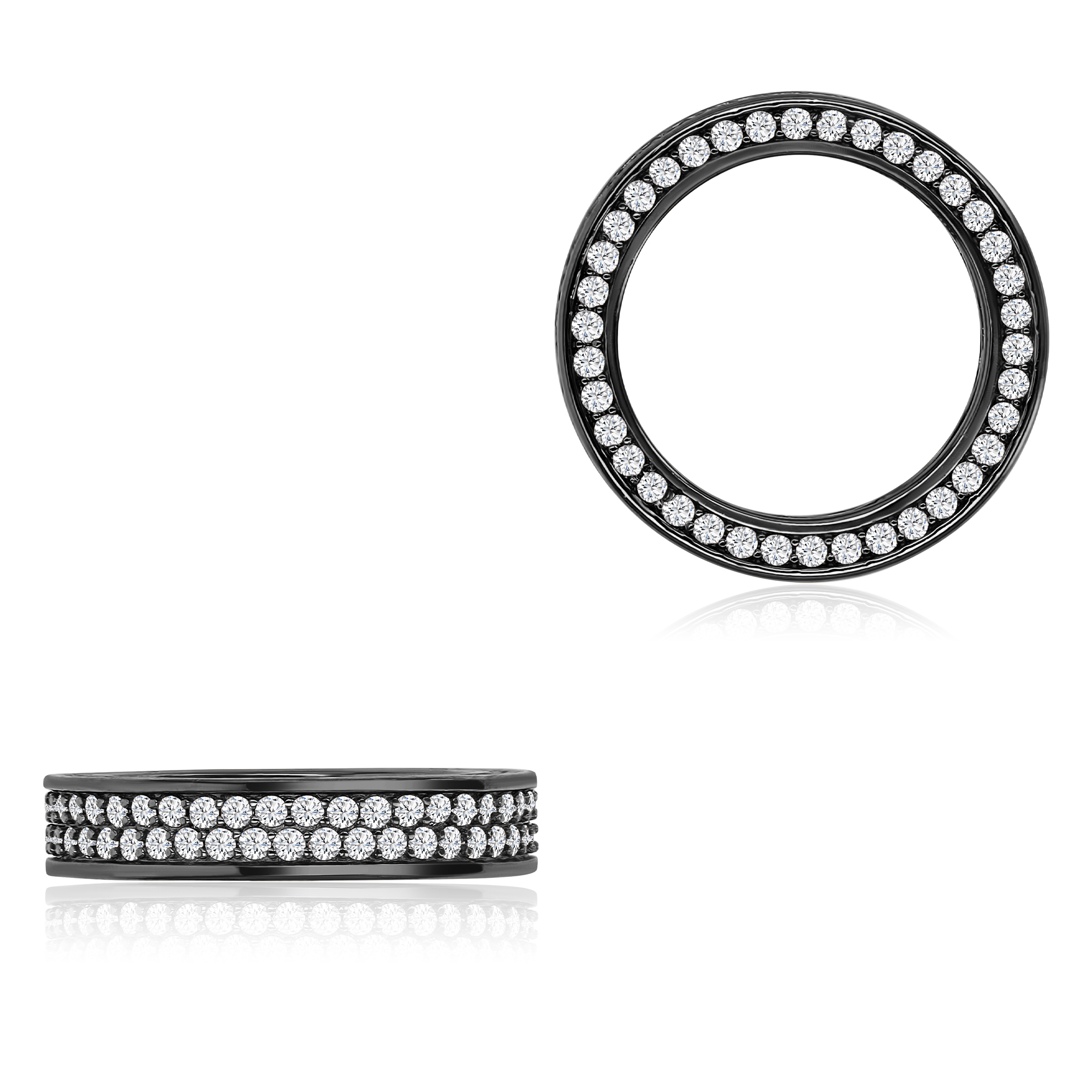 Sterling Silver 5mm Black 3 Row Full Pave  5mm Eternity Ring