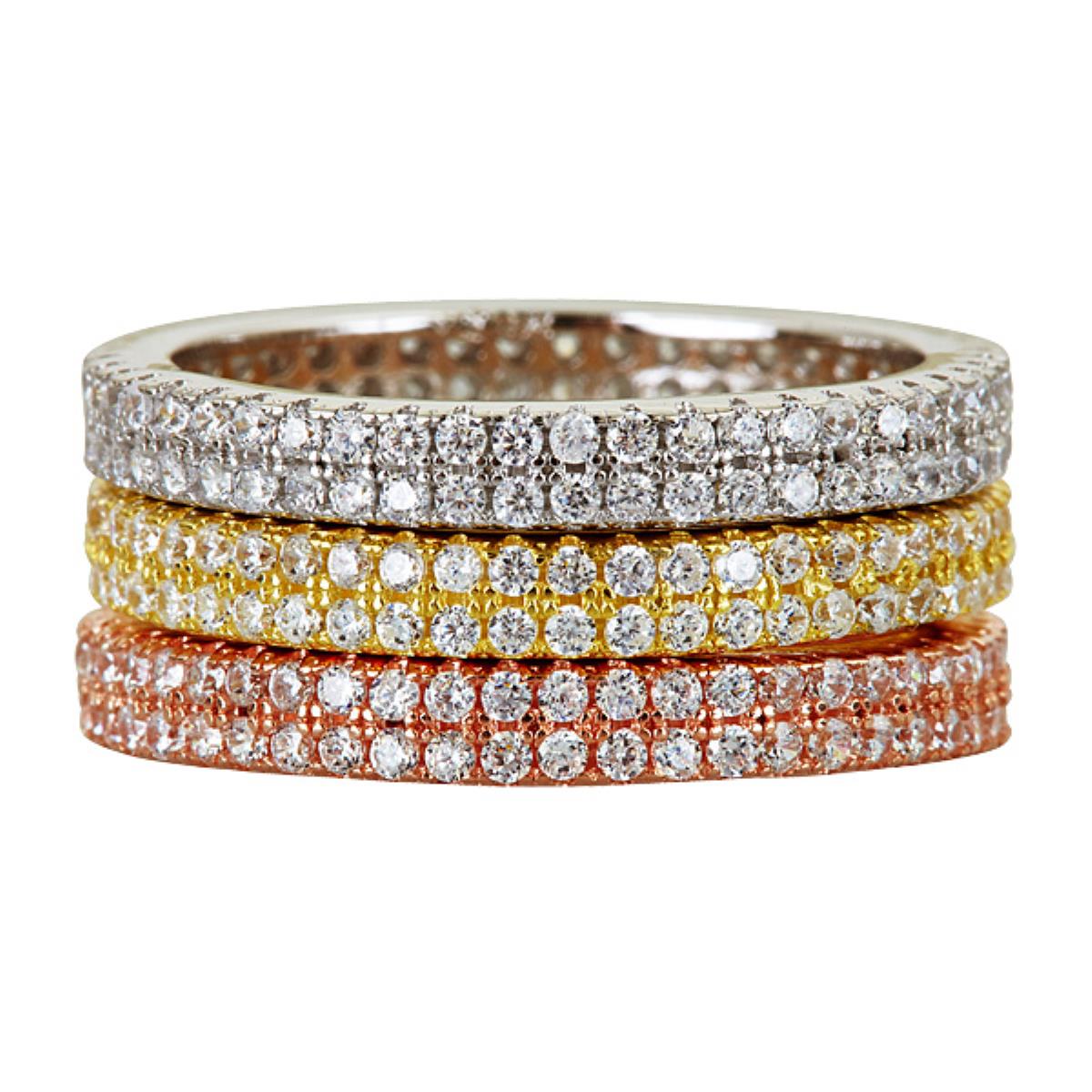 Sterling Silver Tricolor  10mm 2 Row Pave Stack Ring