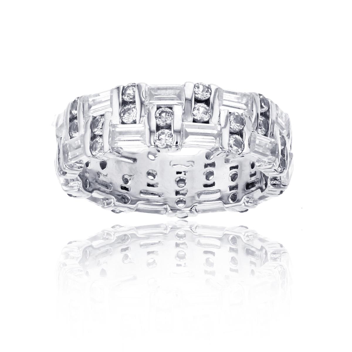 Sterling Silver Rhodium Baguette & Round Eternity 6mm Ring