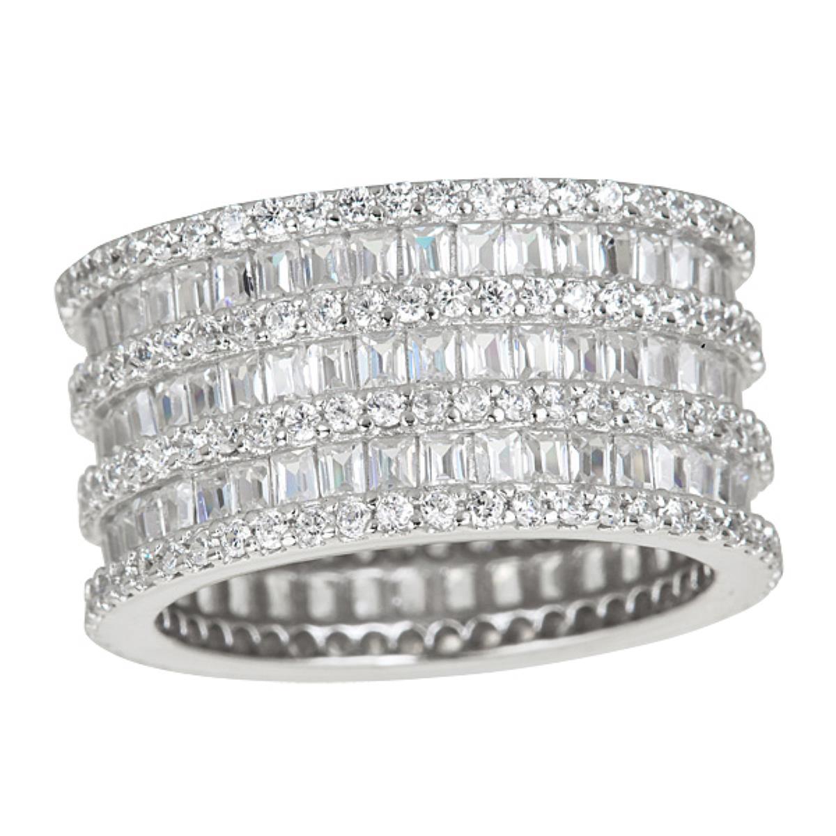 Sterling Silver Rhodium 11.5mm 3 Row Baguette Eternity Ring