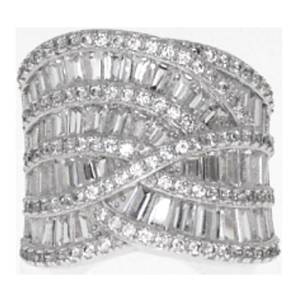 Sterling Silver Rhodium 20MM Baguette Swerve Fashion Ring