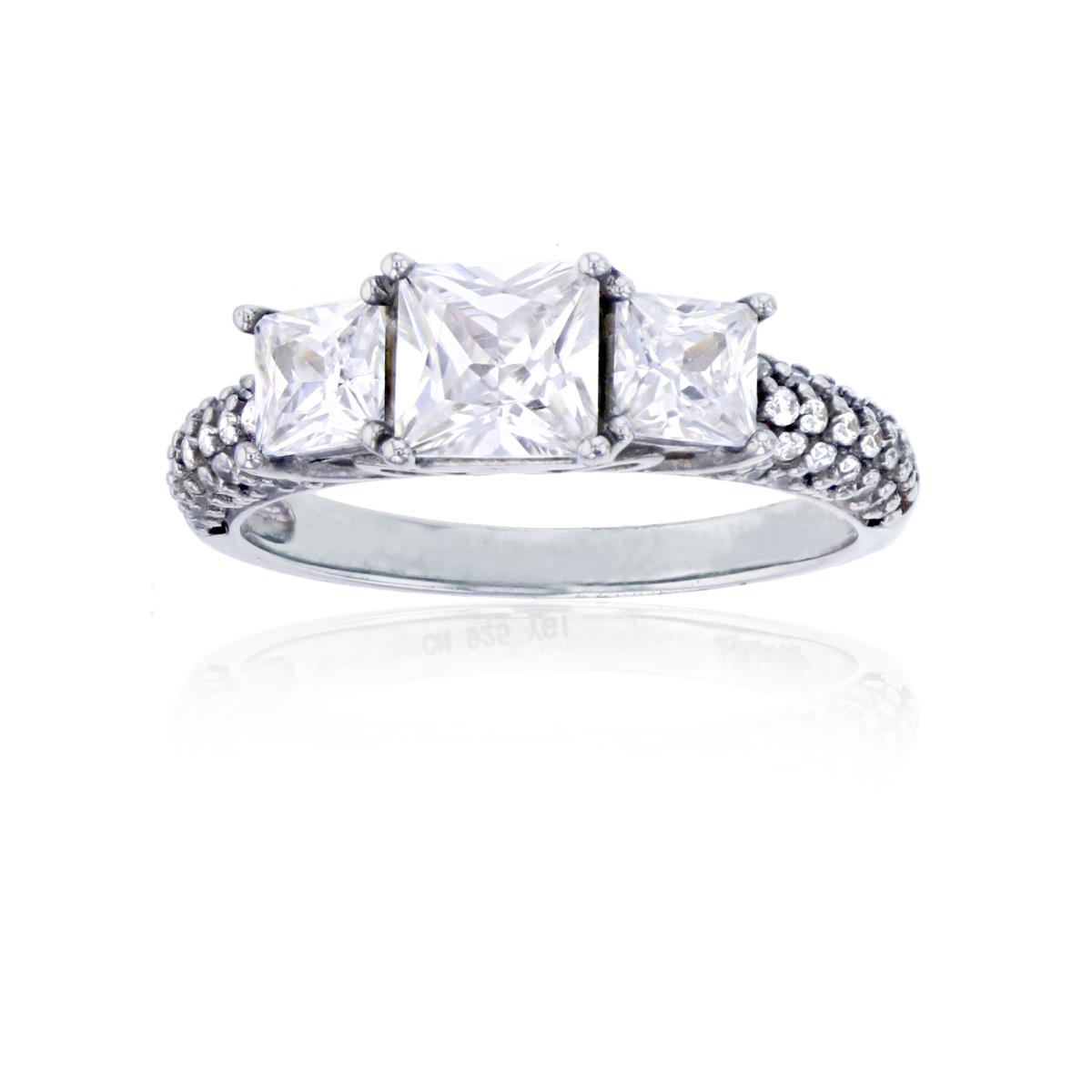 Sterling Silver 5.5mm Princess Cut 3 Stone Pave Eng Ring w/ 4x4mm Princess Cut Side Stones