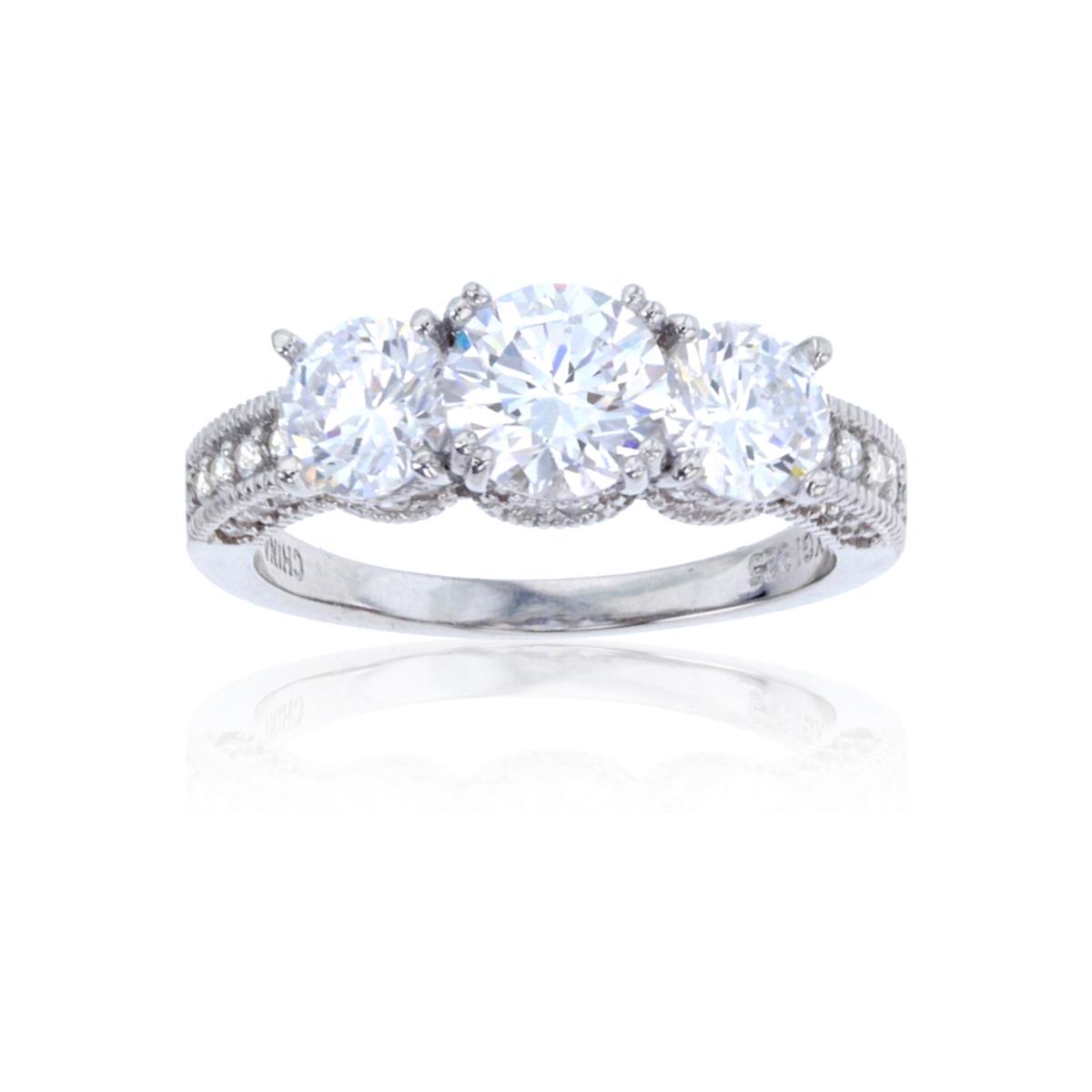 Sterling Silver 6.50mm Round 3 Stone Pave Eng Ring