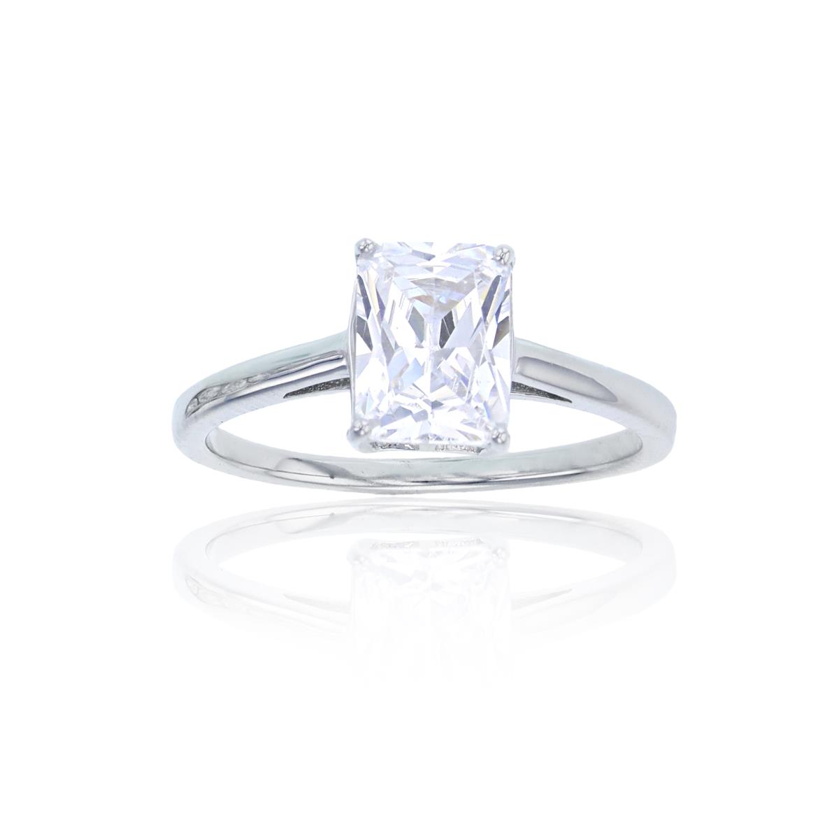 Sterling Silver Rhodium 6x8mm Emerald Cut Solitaire Engagement Ring