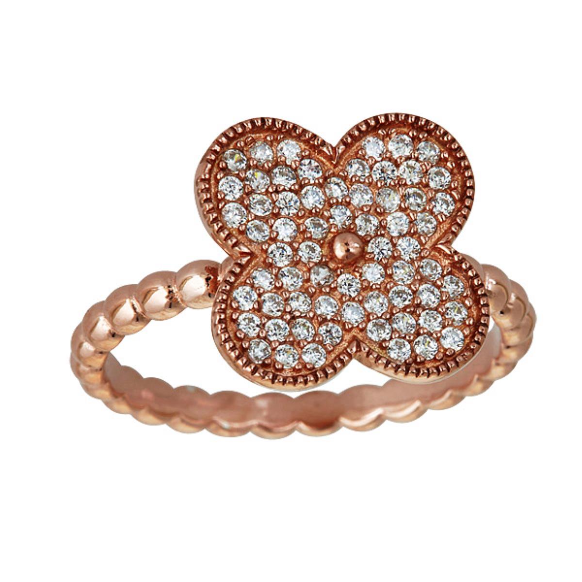 Sterling Silver Rose Pave Clover Ring