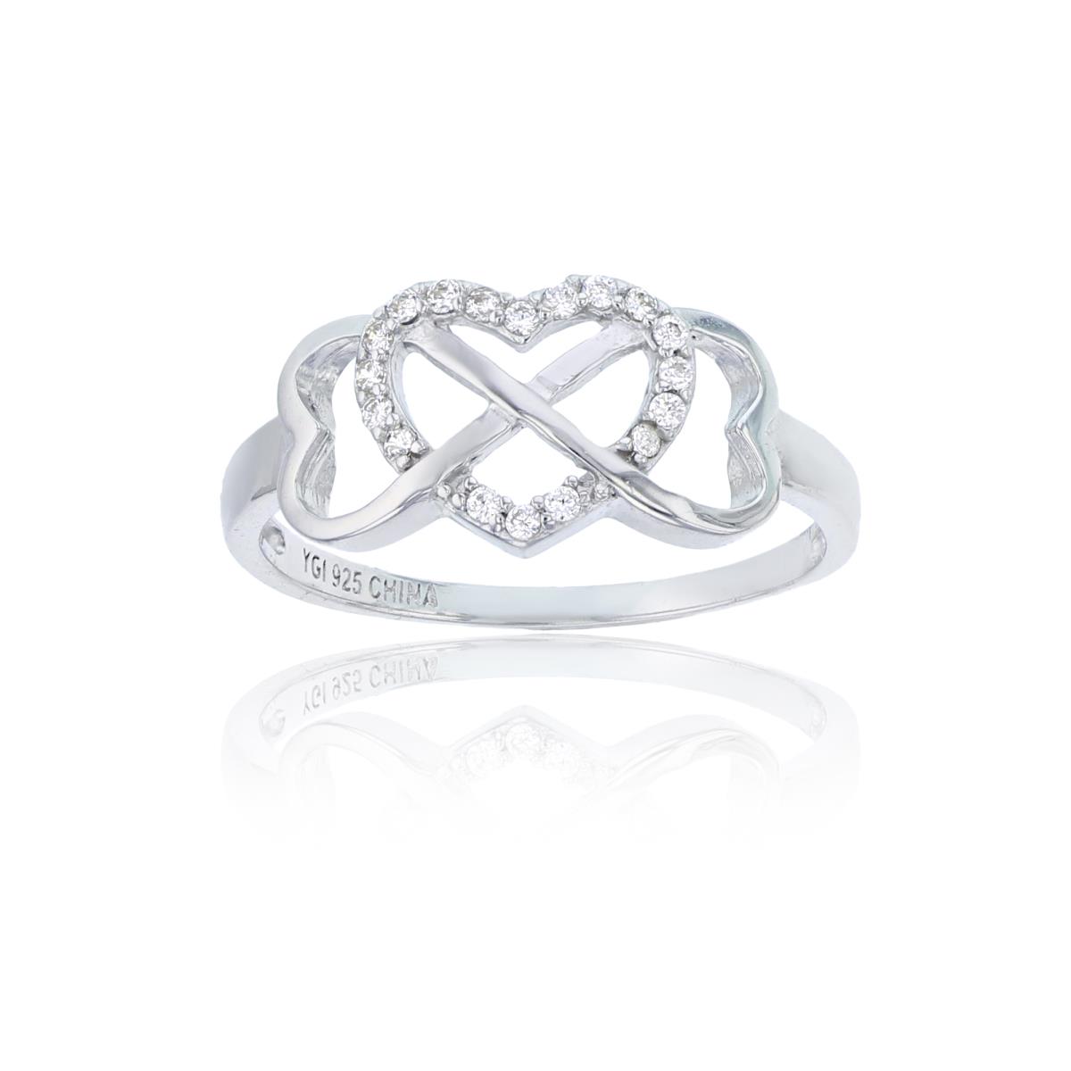 Sterling Silver Rhodium 8mm Pave  Heart & Infinity Polished Ring