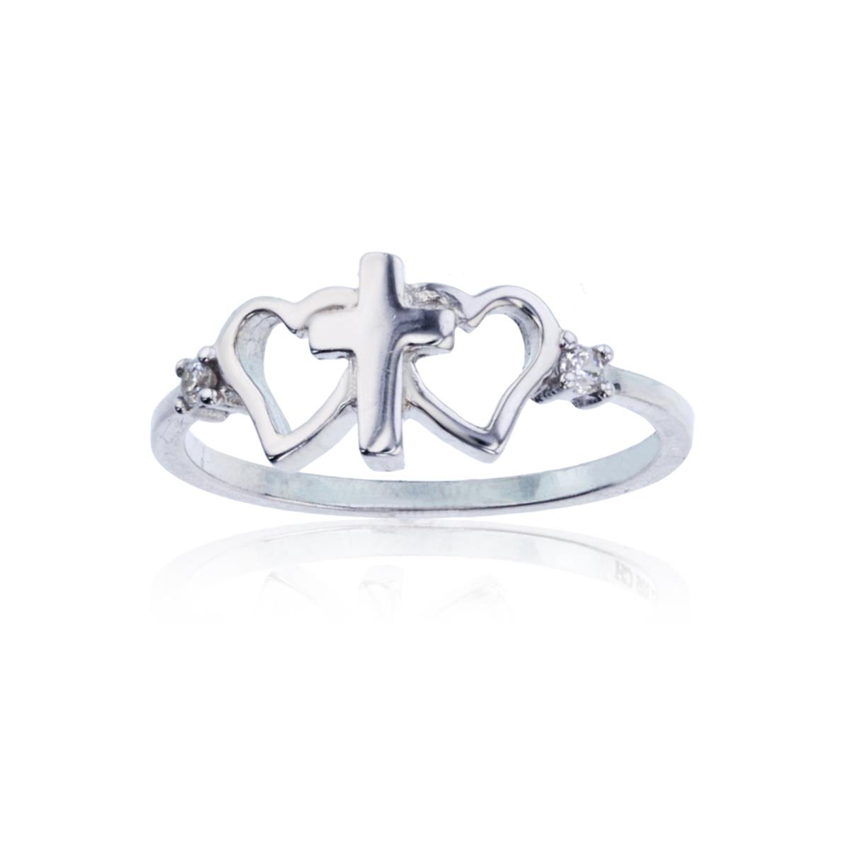 Sterling Silver Rhodium 8.2mm Polished  Cross Hearts Ring