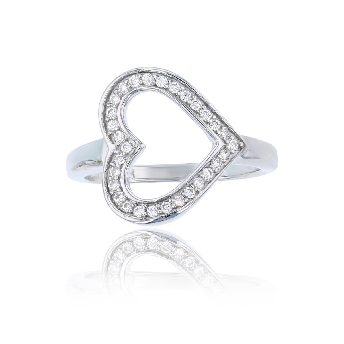 Sterling Silver Rhodium 14mm Pave Heart White CZ Polished Ring