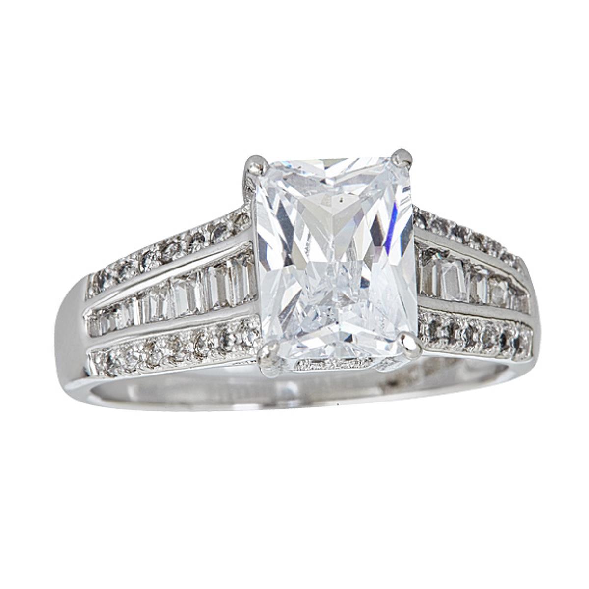 Sterling Silver 9mm Emerald Cut Pave Eng Ring
