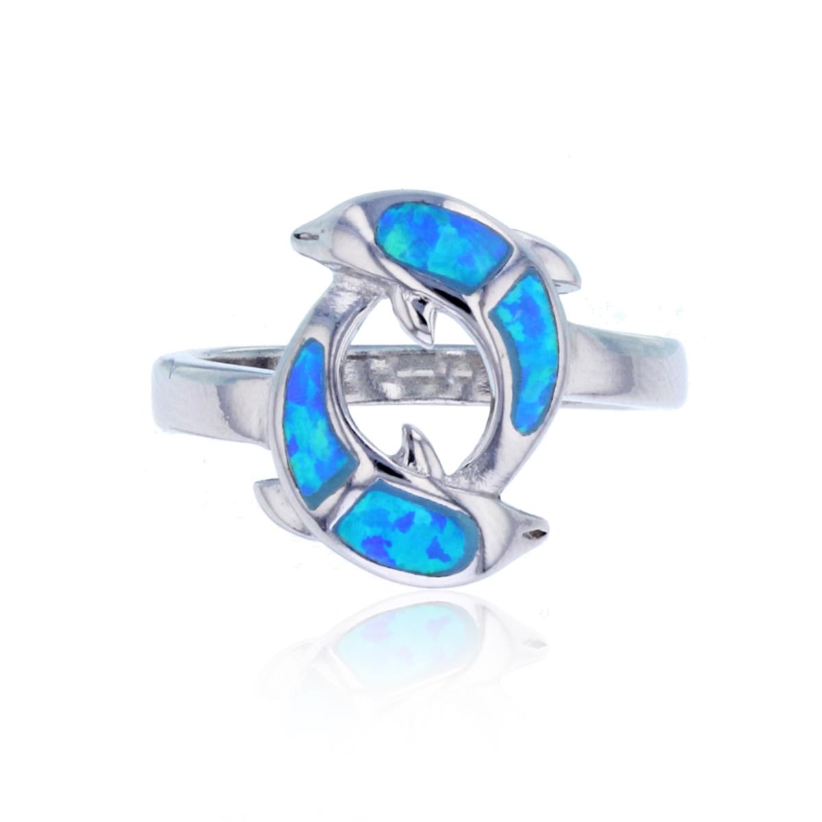 Sterling Silver Rhodium Created Opal Swimming Dolphin Ring