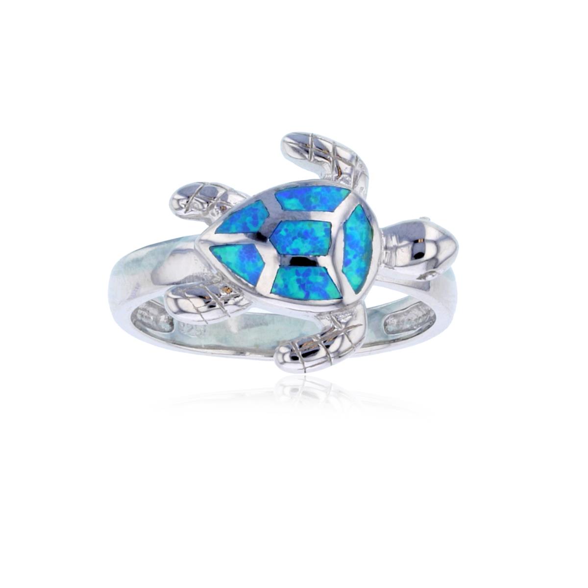 Sterling Silver Rhodium Created Opal Sideways Turtle Ring
