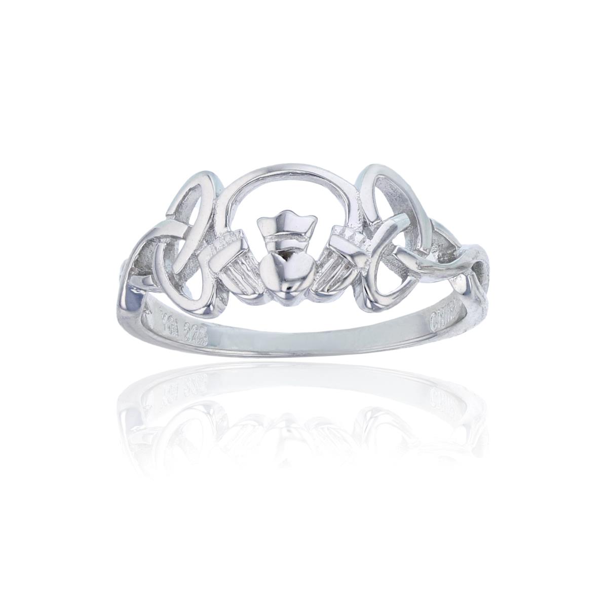 Sterling Silver Rhodium High Polished Celtic Claddagh Ring